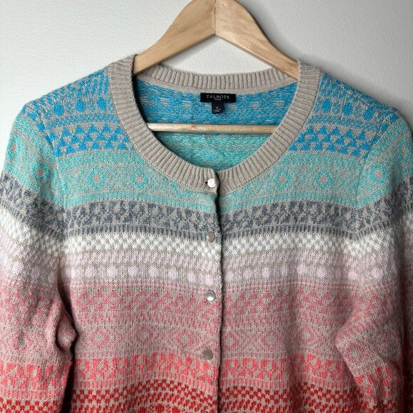 Talbots Cardigan Womens Sz X Rainbow Fair Isle Lambs Wool Mohair Blend Nordic - Picture 2 of 10
